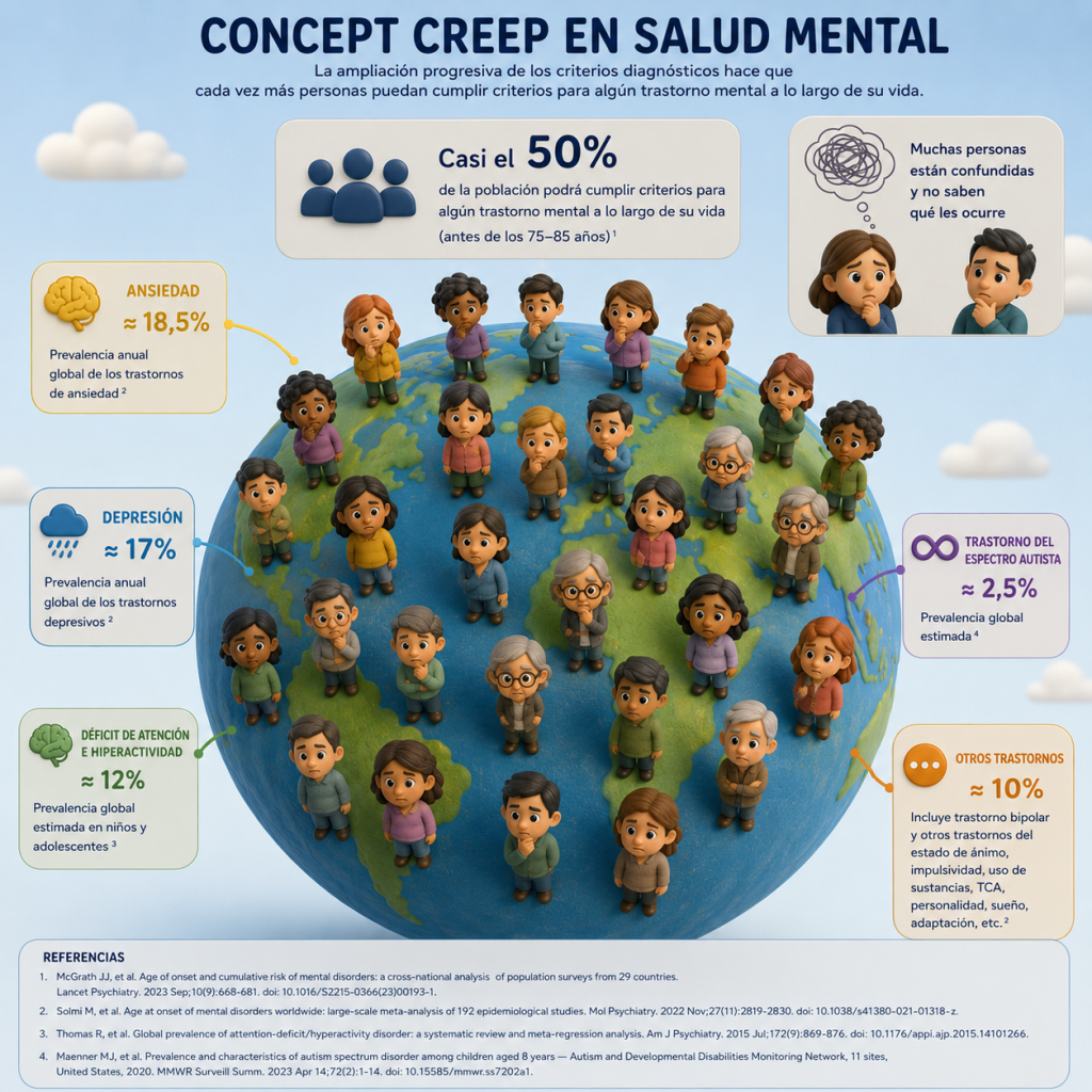 Infografía sobre el “concept creep” y la ampliación progresiva de los trastornos mentales
