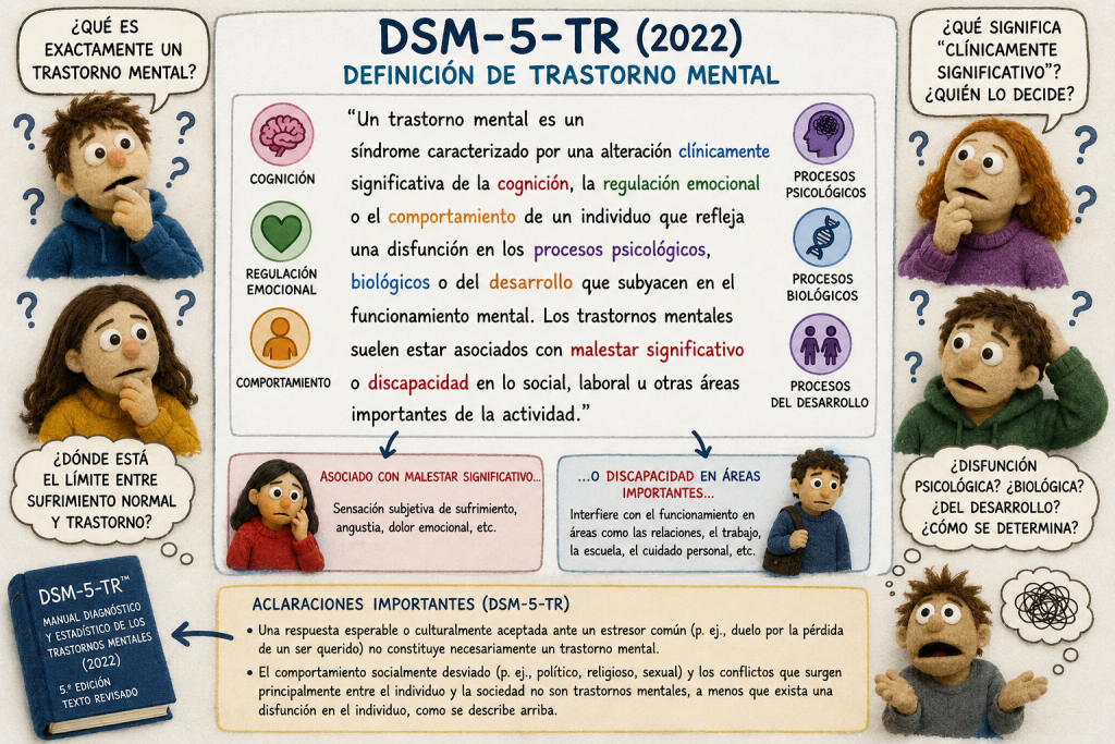 Infografía sobre la definición del DSM-5-TR de trastorno mental y las dudas conceptuales sobre salud mental y enfermedad psiquiátrica
