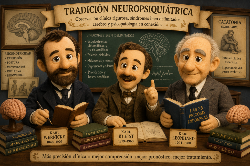 Karl Wernicke, Karl Kleist y Karl Leonhard formaron la tradición neuropsiquiátrica centrada en identificar síndromes clínicos bien delimitados y relacionarlos con el funcionamiento cerebral: catatonia, psicosis psicloides, manía, melancolía, psicomotricidad